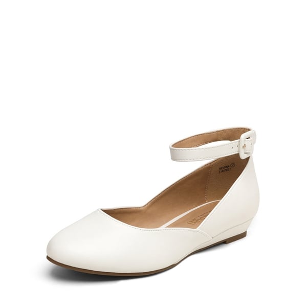 Comfortable Ankle Strap Low Wedge Flats - WHITE PU -  0